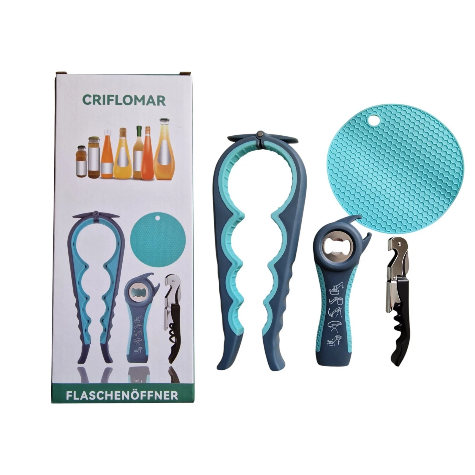 CRIFLOMAR Glasöffner & Flaschenöffner 4-in-1 Set – Blau-Grau Küchenhelfer mit Verpackung