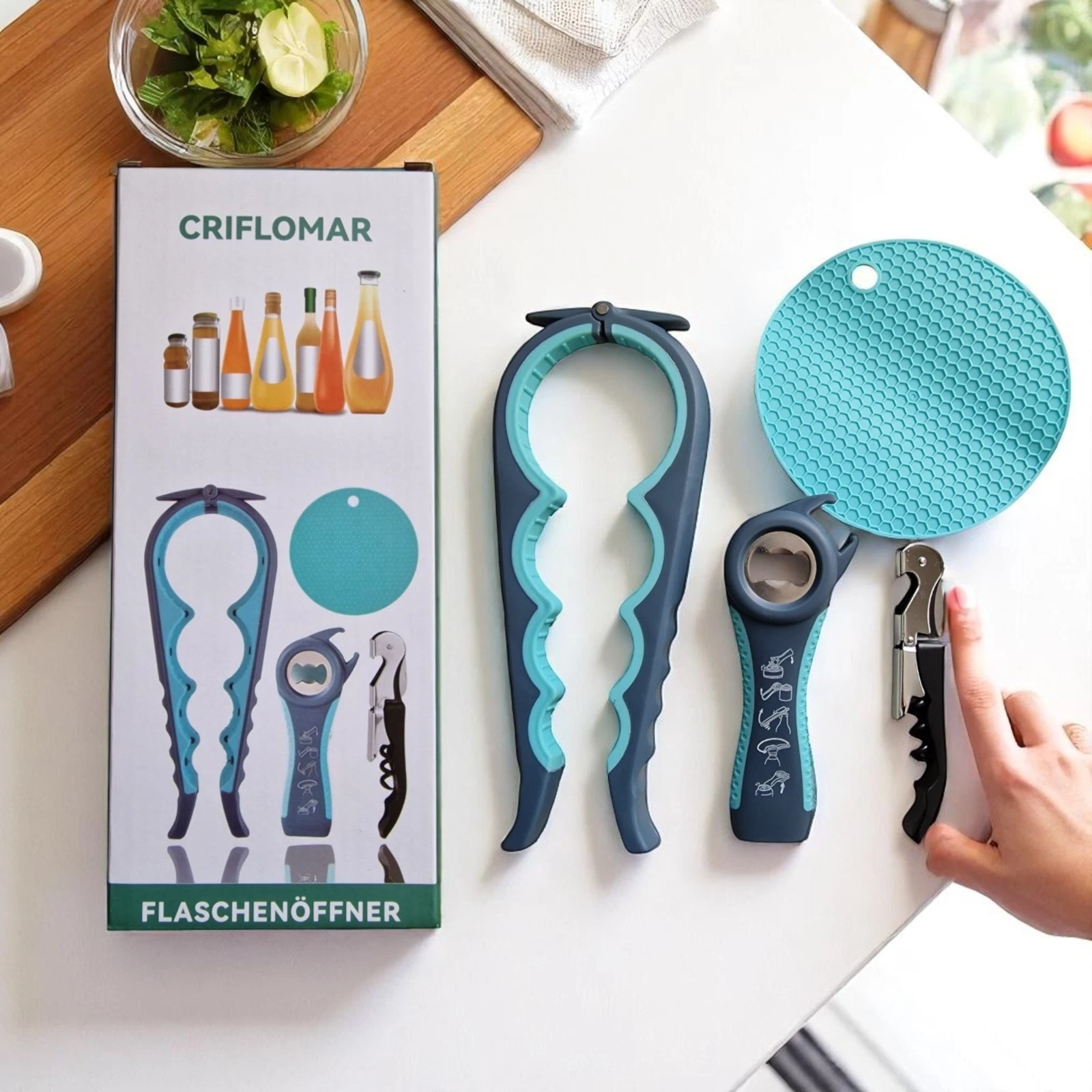 Glasöffner & Flaschenöffner 4-in-1 Set – Ergonomisch & Rutschfest, für Gläser, Dosen & Flaschen – Bild 3