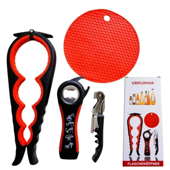CRIFLOMAR Glasöffner & Flaschenöffner 4-in-1 Set – Rot-Schwarz Küchenhelfer Set mit Verpackung