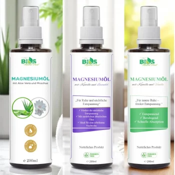 Magnesiumöl Spray 200 ml – Aloe Vera & Moschus, Kamille & Lavendel, Kamille & Vanille – BIOS MINERAL PLANT