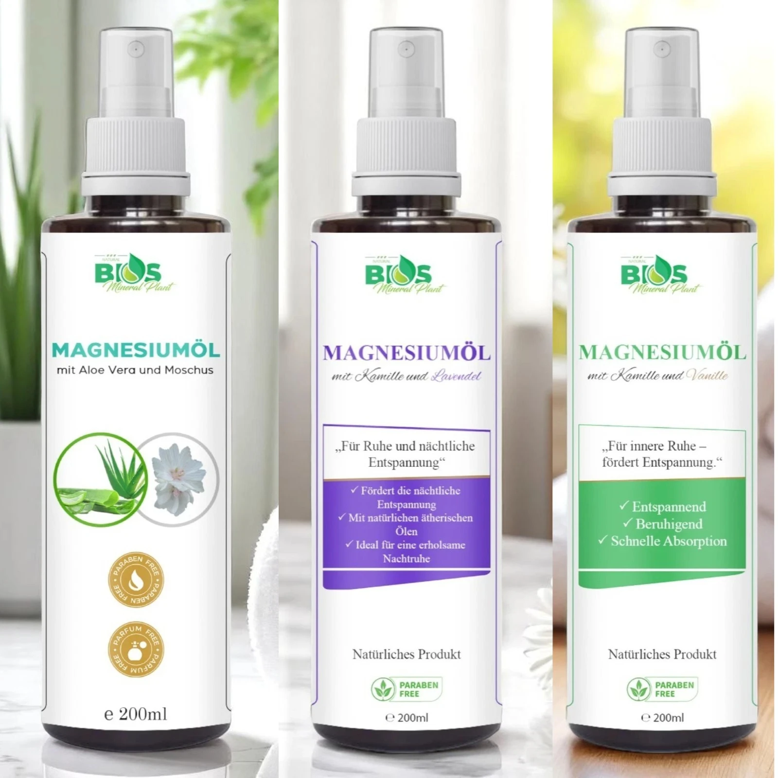 Magnesiumöl Spray 200 ml – Aloe Vera & Moschus, Kamille & Lavendel, Kamille & Vanille – BIOS MINERAL PLANT