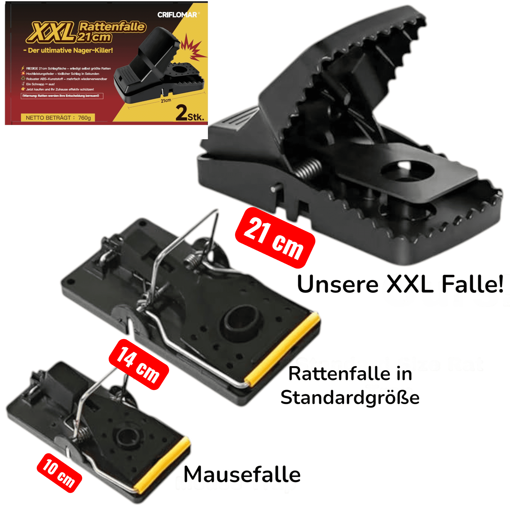 XXL Rattenfalle 21 cm – 2er Set Extra Große Schlagfallen gegen Ratten – Bild 2